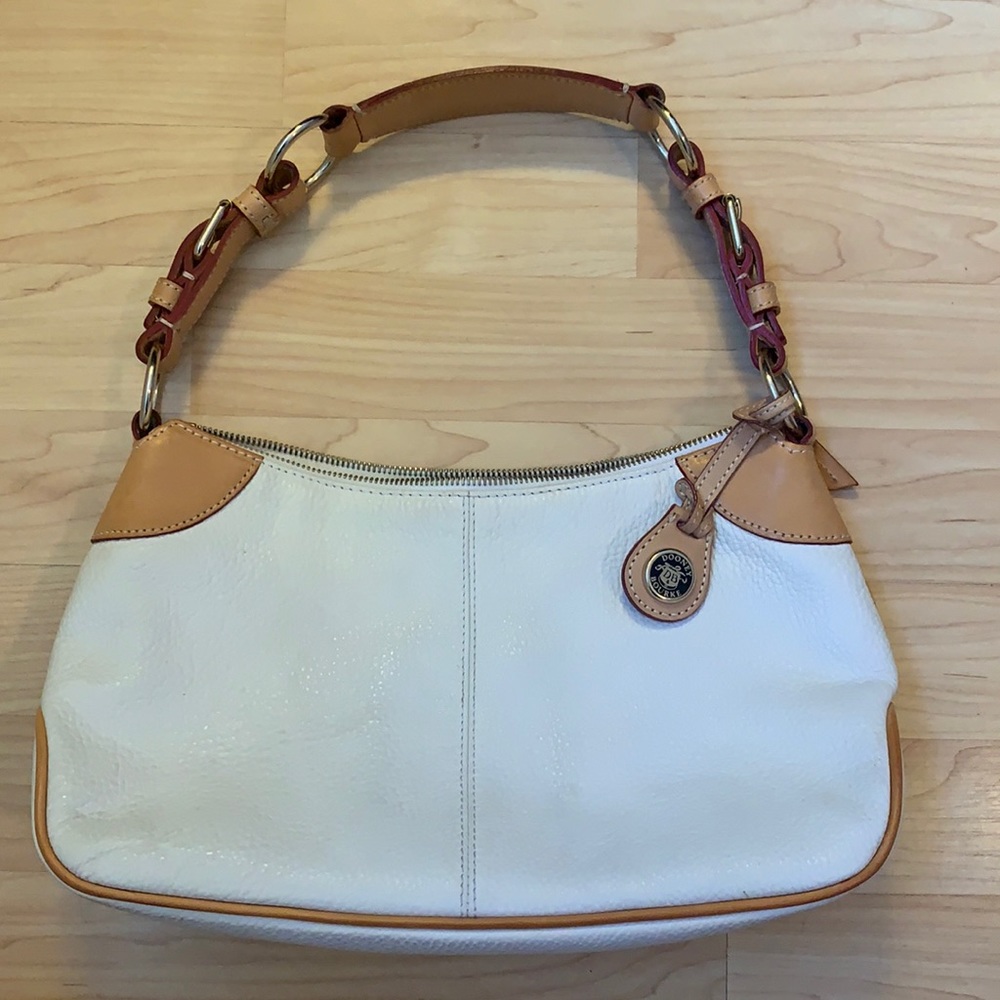 Dooney & Bourke White Pebbled Leather Hobo Bag Contrasting Pink Leather Trim